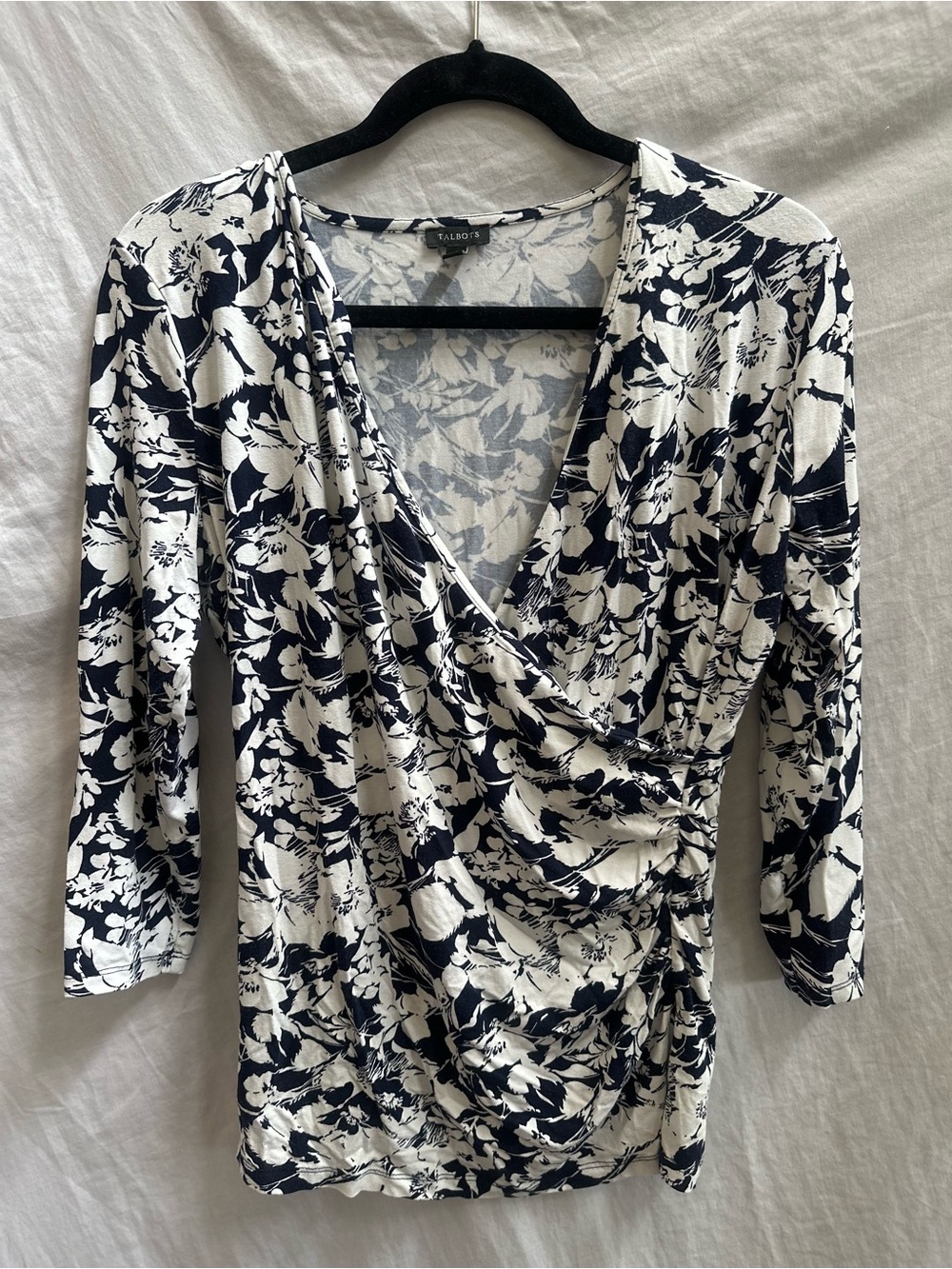 Talbots Navy and White Floral Wrap-Style Women's Top M